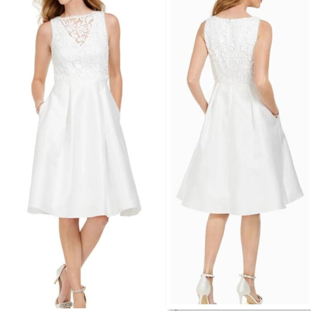 Adrianna Papell Lace Pleated Midi Cocktail Dress /